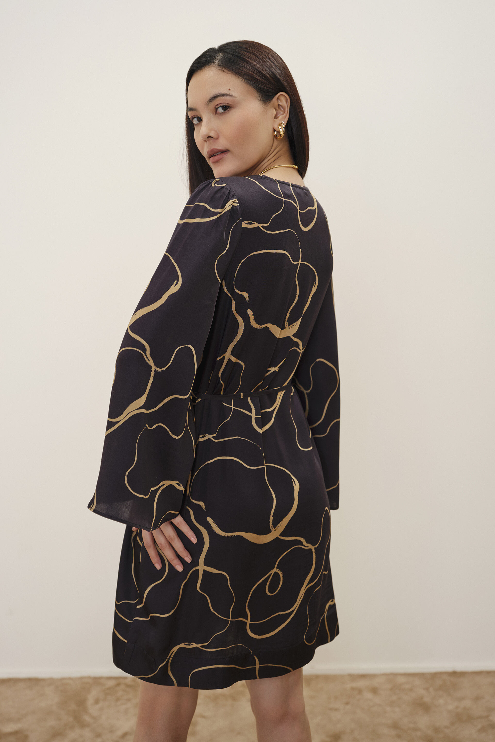 Black & Gold Modal Satin Dress, Black, image 6